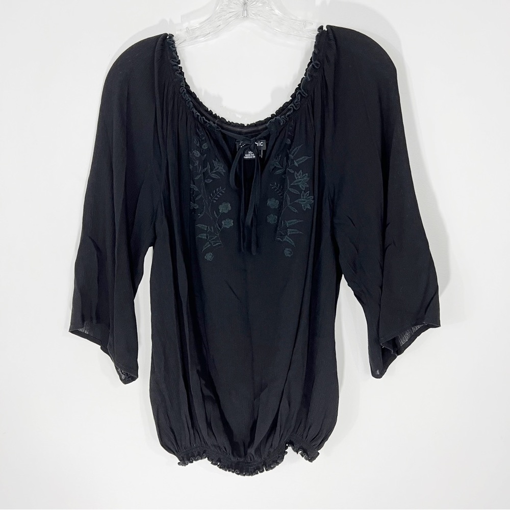 City Chic Peasant Embroidered Black Blouse Size 14 Tie Neck 3/4 Sleeves